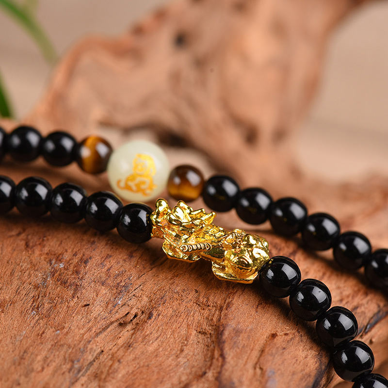 Buddha Stones、中国の十二支、黒曜石、貔貅（ピクシウ）の守護Malaブレスレット