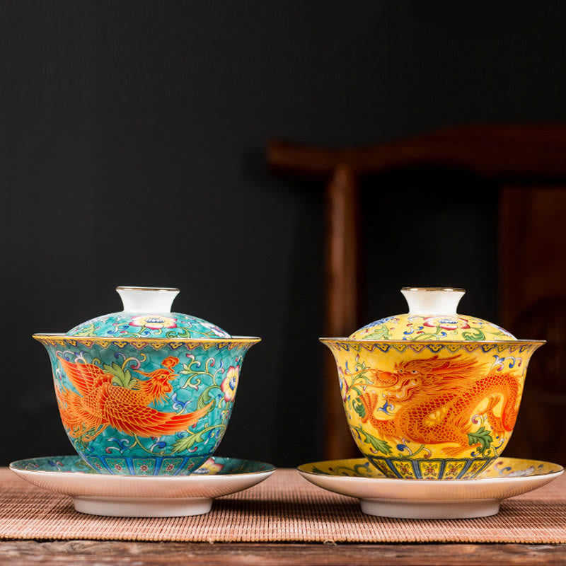 Buddha Stones龍鳳凰花デザイン陶器蓋碗三彩ティーカップカンフーティーカップ＆ソーサー蓋付き