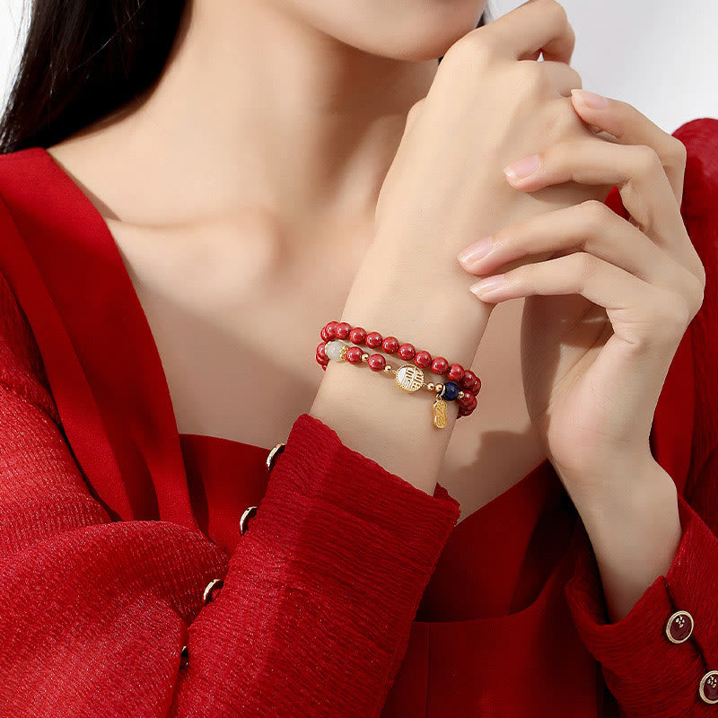 Buddha Stones 925スターリングシルバー 辰砂 シャコガイ フーキャラクター ダブルラップ 祝福ブレスレット