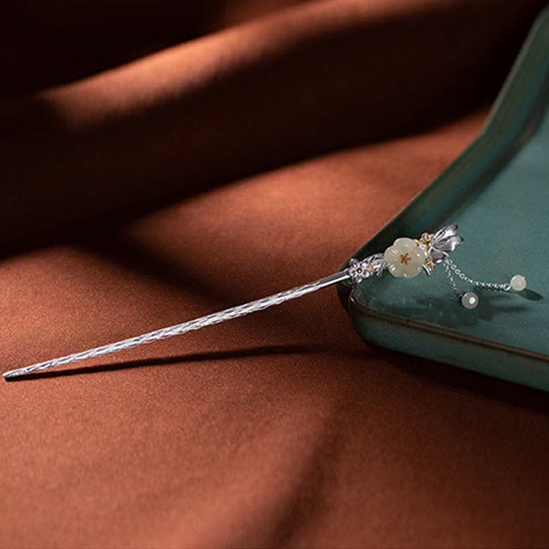 925スターリングシルバーの和田白翡翠の花の祝福のヘアピン - image 8