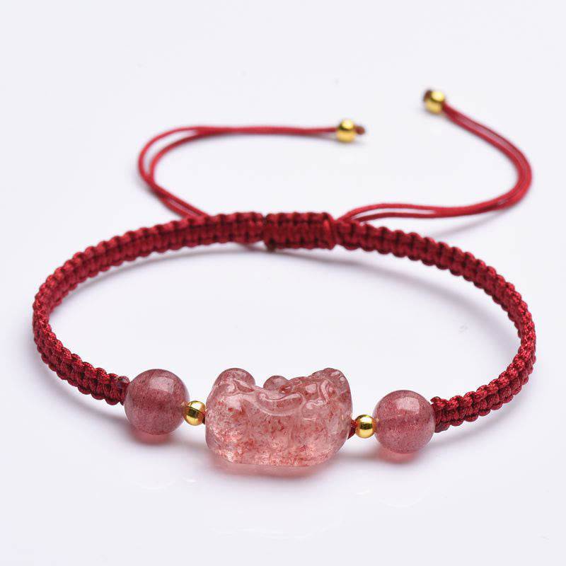 Buddha Stones天然ストロベリークォーツ貔貅幸運の赤紐ブレスレット