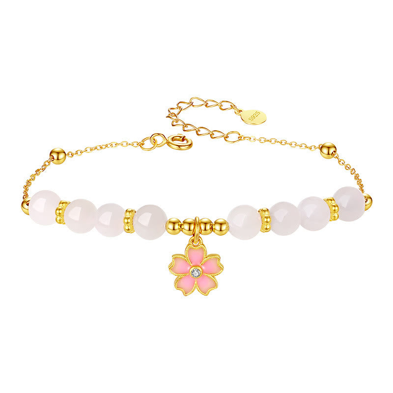 Buddha Stones 925スターリングシルバー 和田産白翡翠 桜守護ブレスレット