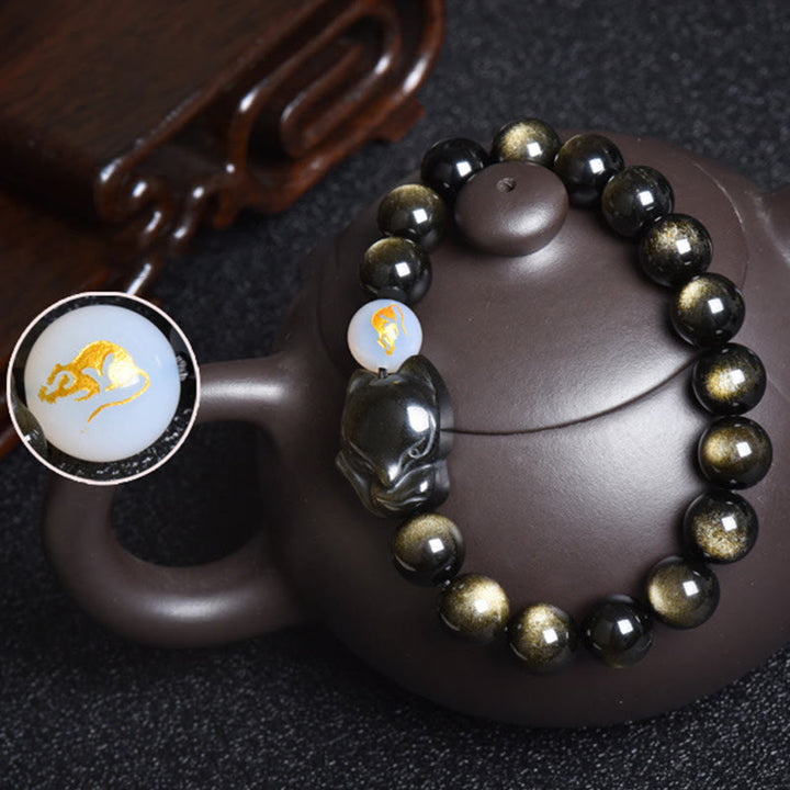 Buddha Stones天然レインボーオブシディアン ゴールドシーンオブシディアン シルバーシーンオブシディアン フォックスヒーリングブレスレット