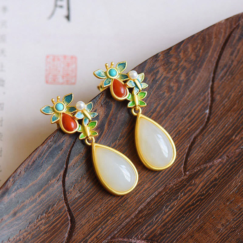 Buddha Stones水滴 白翡翠 赤瑪瑙 蝶の守護 ドロップ ダングル イヤリング