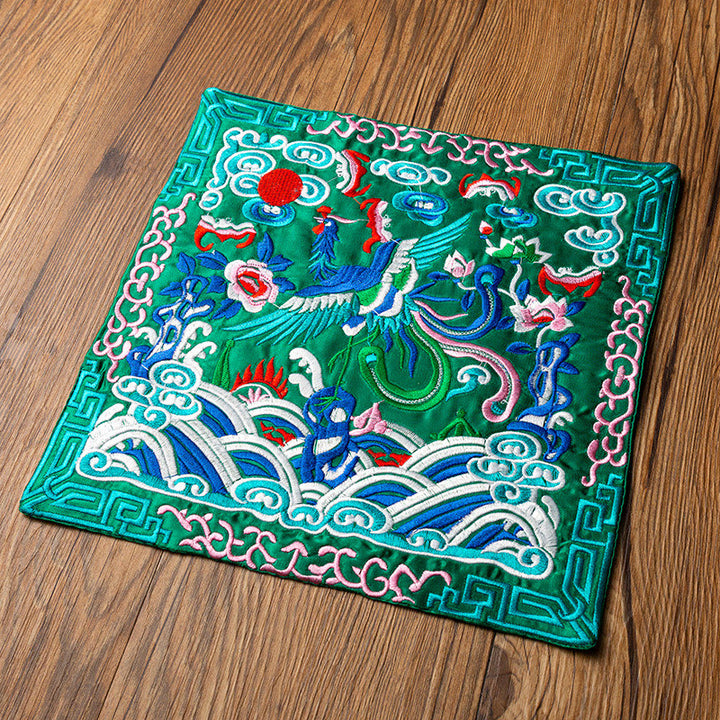 Buddha Stones鳳凰龍 麒麟刺繍 カップマットパッド ティーカップコースター カンフーティーマット