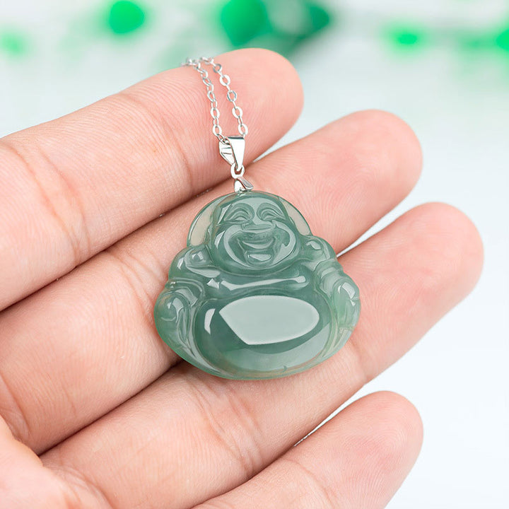 Buddha Stones925スターリングシルバー 笑う仏陀 翡翠 保護 穏やか ネックレス チェーン ペンダント