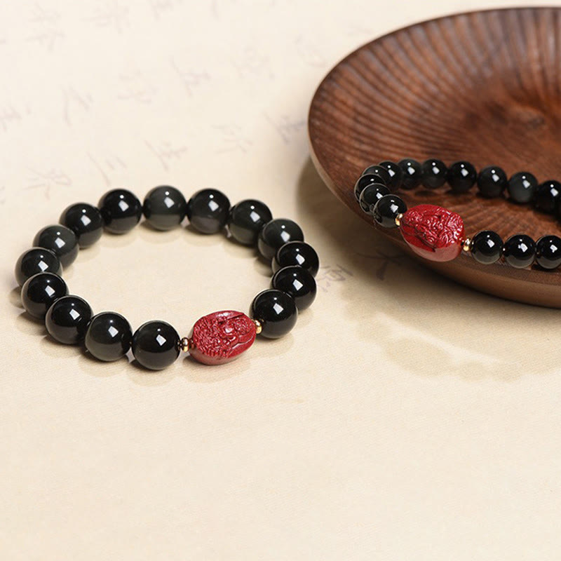 Buddha Stones十二支誕生仏天然黒曜石 辰砂 浄化ブレスレット