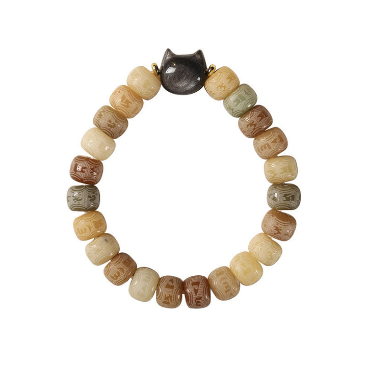 Buddha Stonesの銀光沢黒曜石猫の頭、オーム・マニ・パドメ・フムの彫刻入りハーモニーブレスレット - image 7