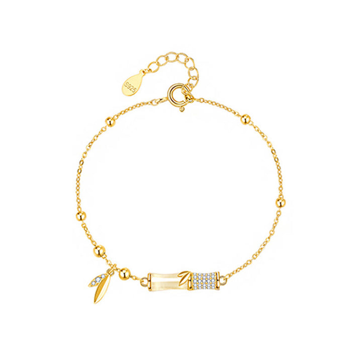 Buddha Stones 925スターリングシルバー 18Kゴールドメッキ ホワイトジェイド 竹 ジルコン リーフ幸運ブレスレット - image 12