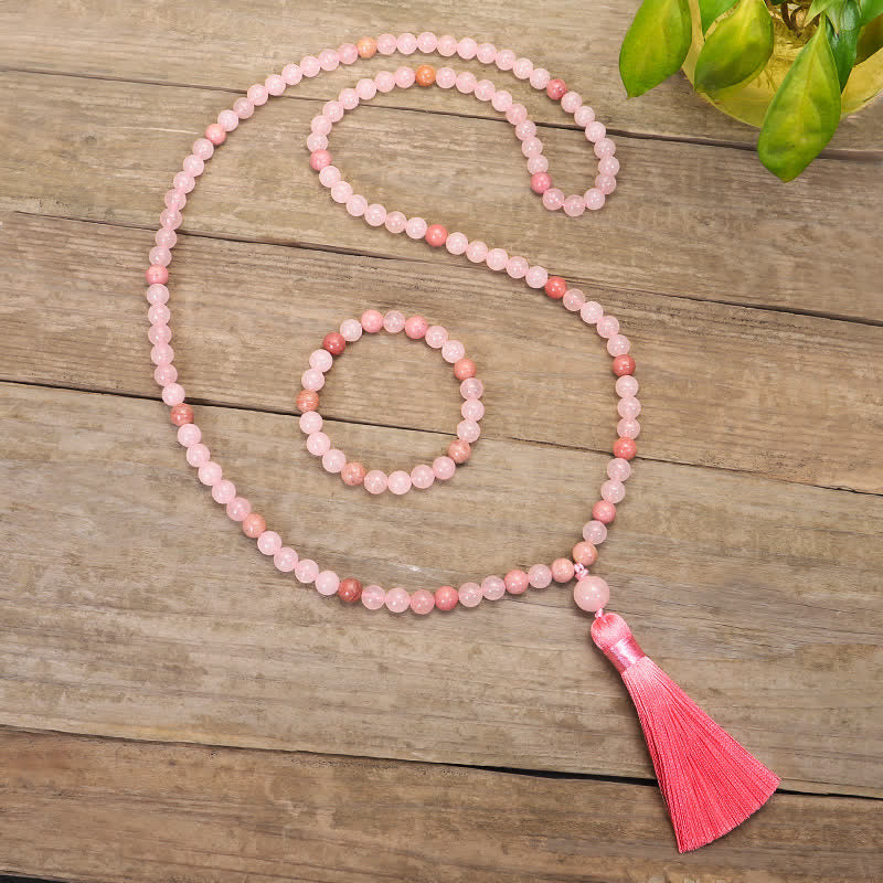 Buddha Stones108個入りMalaビーズ ピンククリスタル ラブタッセルブレスレット