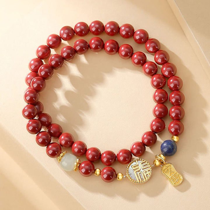 Buddha Stones 925スターリングシルバー 辰砂 シャコガイ フーキャラクター ダブルラップ 祝福ブレスレット