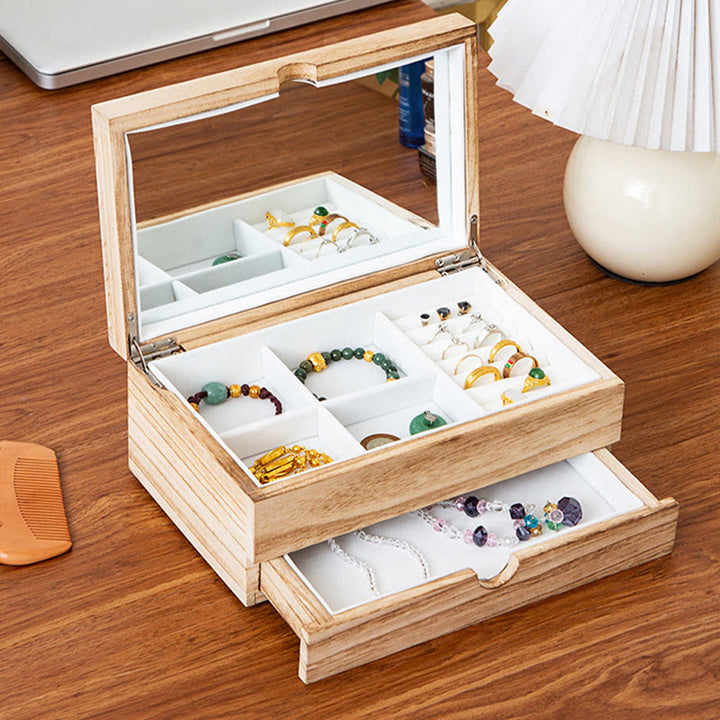 Buddha Stonesレトロ ベージュ 木製ジュエリーボックス 2層式 ジュエリー収納ボックス ミラー付き - 24.5×15.5×10.5cm - image 0