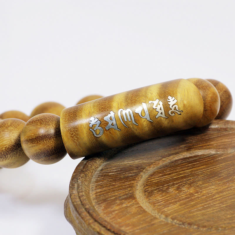 Buddha Stones999 スターリングシルバー グリーンサンダルウッドオーム・マニ・パドメ・フムドラゴンフェニックス ダルマチャクラ象嵌 平和ブレスレット