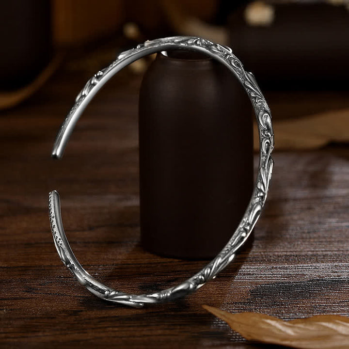 Buddha Stones925スターリングシルバー ハンドメイド ブドウの木 彫刻入り守護ブレスレットバングル