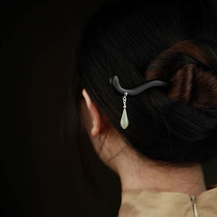 Buddha Stones925スターリングシルバー天然和田翡翠黒檀木製幸運チャームヘアピン