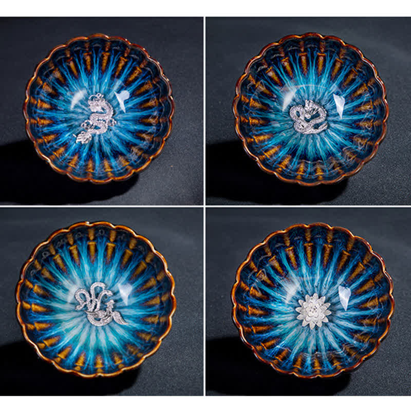 Buddha Stones蓮 金魚 縁起の良い龍 鳳凰 陶器 ティーカップ 象嵌 ティーカップ 130ml