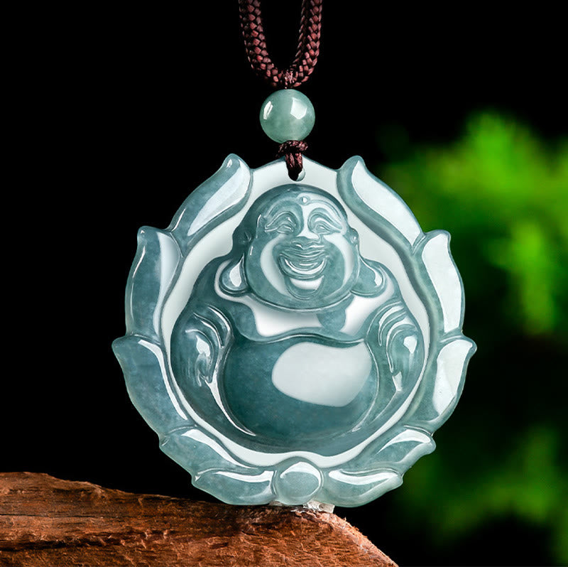 Buddha Stones天然翡翠 笑い仏 蓮の模様 幸運のネックレスペンダント - image 3