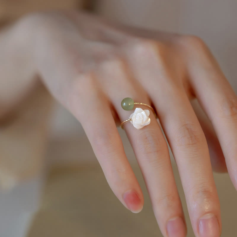 Buddha Stones14K ゴールドメッキ シャコガイ石 ローズフラワー 翡翠ビーズ 祝福リング