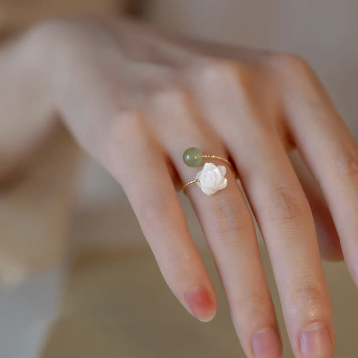 Buddha Stones14K ゴールドメッキ シャコガイ石 ローズフラワー 翡翠ビーズ 祝福リング