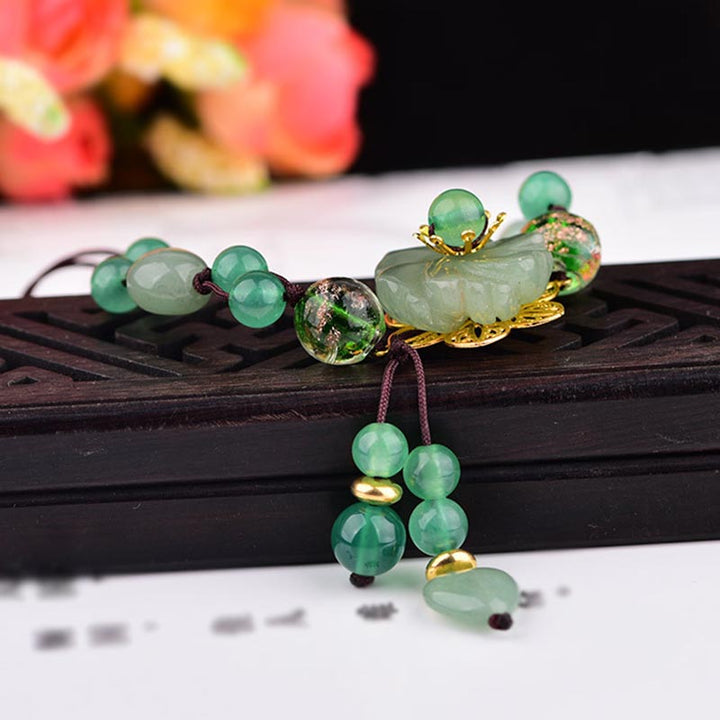 Buddha Stones天然グリーン翡翠幸運ぶら下がり花ブレスレット
