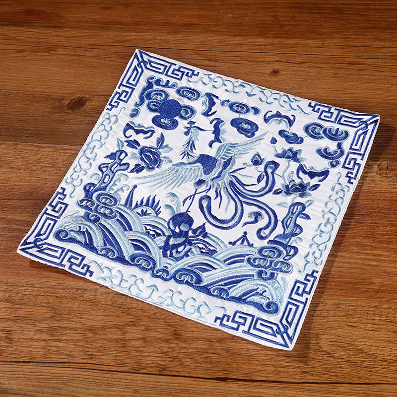 Buddha Stones鳳凰 龍 麒麟 刺繍 カップマットパッド ティーカップコースター スクエア カンフーティーマット