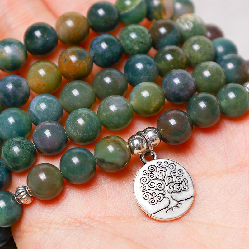 Buddha Stones108 個入りMalaビーズ インド瑪瑙 蓮華 OM 仏陀 生命の樹 ポジティブ カーム ブレスレット