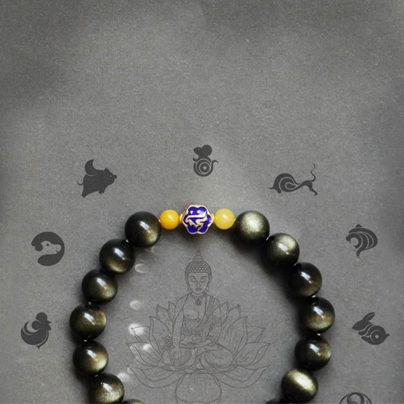 Buddha Stones925 スターリングシルバー十二支誕生仏天然金光沢 黒曜石 琥珀 富の守護ブレスレット