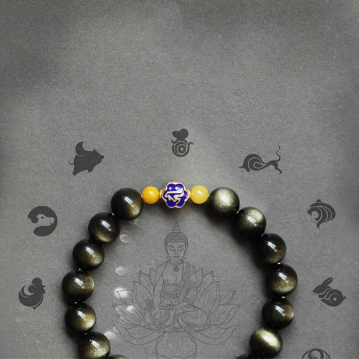 Buddha Stones925 スターリングシルバー十二支誕生仏天然金光沢 黒曜石 琥珀 富の守護ブレスレット