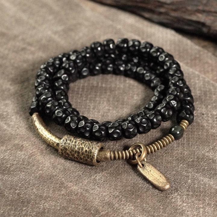 Buddha Stonesレトロココナッツシェル銅製ハピネストリプルラップブレスレット