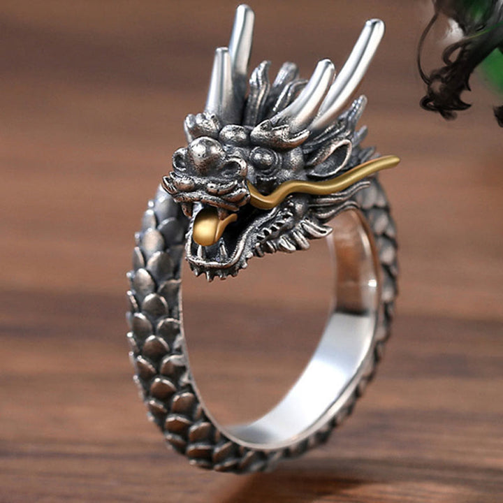 Buddha Stones925 スターリングシルバー ヴィンテージ ドラゴンデザイン 保護 強度 調節可能 リング