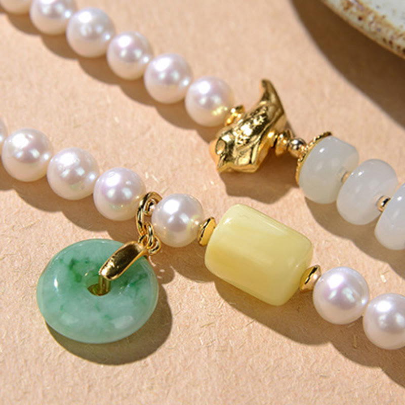 Buddha Stones 925スターリングシルバーパール和田翡翠レッドアゲートダブルハピネスアンバーラッキー4重ラップブレスレット