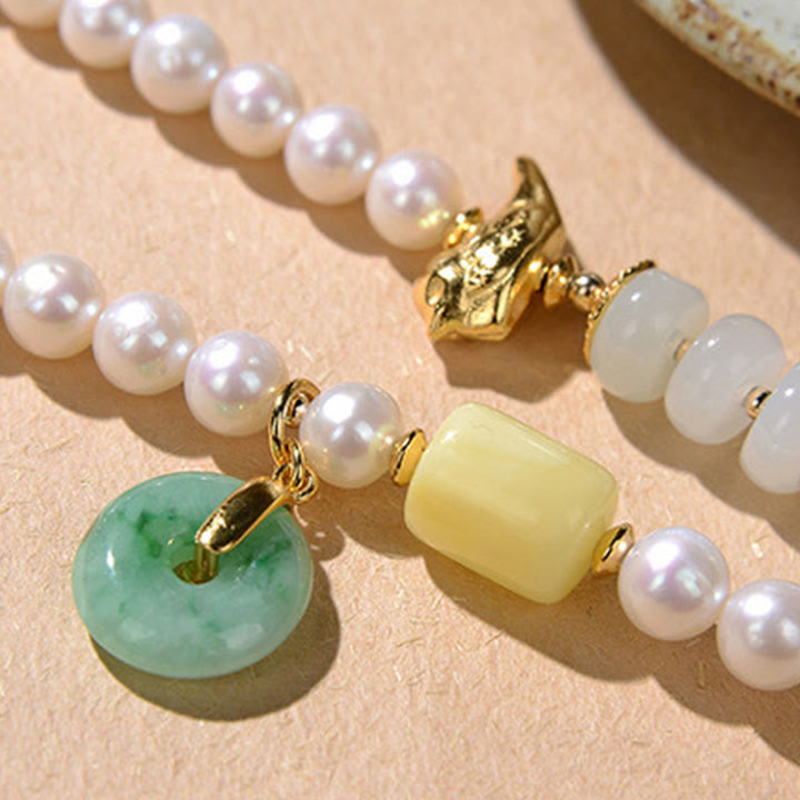 Buddha Stones 925スターリングシルバーパール和田翡翠レッドアゲートダブルハピネスアンバーラッキー4重ラップブレスレット