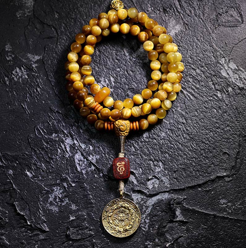Buddha Stones 108Mala天然タイガーアイ 銅製 ドルジェ 守護 タッセルブレスレット