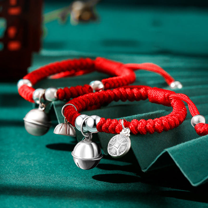 Buddha Stones925 スターリングシルバー ハンドメイド フーキャラクター 幸運のお金袋 中国ロックチャーム ベル ロータス 銅貨 キングコングノット編み 子供用ブレスレット