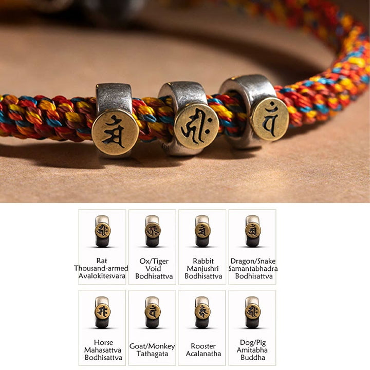 Buddha Stonesハンドメイド チベット 925 スターリングシルバー十二支誕生仏ザキラム 富の守護女神 マルチカラー ロープ編みブレスレット