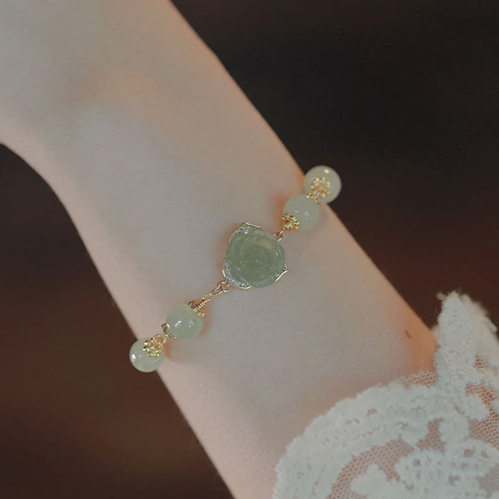 Buddha Stones14K ゴールドメッキ 和田翡翠 ローズフラワー 幸運のチェーンブレスレット