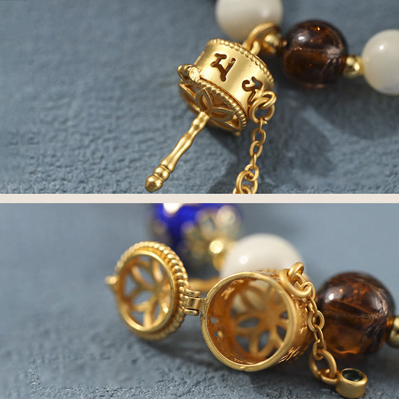 Buddha Stonesチベットのお香灰 リュウリガラス シャコガイ石 太陽石オーム・マニ・パドメ・フム祈祷ホイールチャームブレスレット