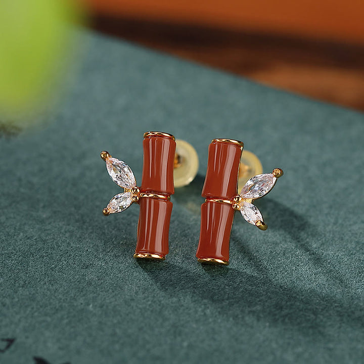 Buddha Stones925スターリングシルバー和田シアン翡翠白翡翠赤瑪瑙竹模様幸運スタッドピアス