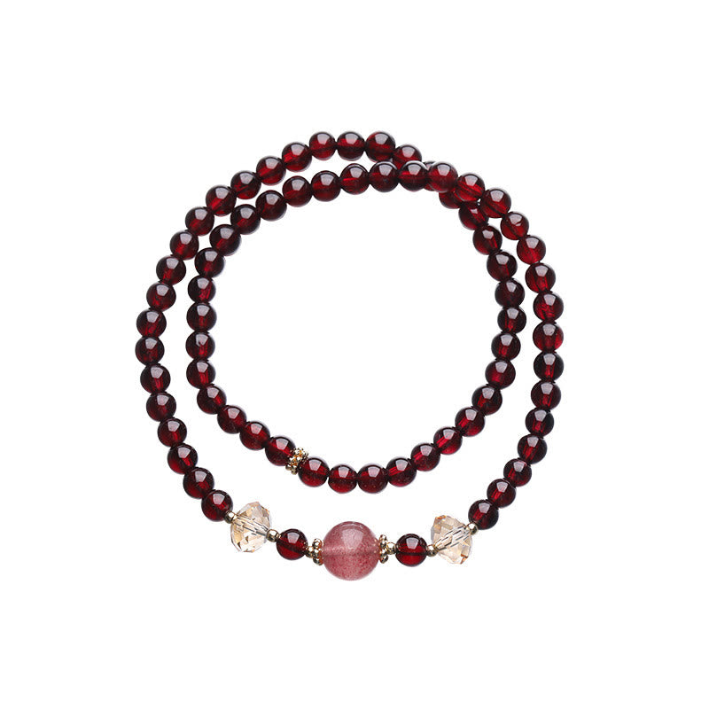 Buddha Stones 14Kゴールドメッキ 天然ガーネット ストロベリークォーツ スタビリティ ダブルラップブレスレット