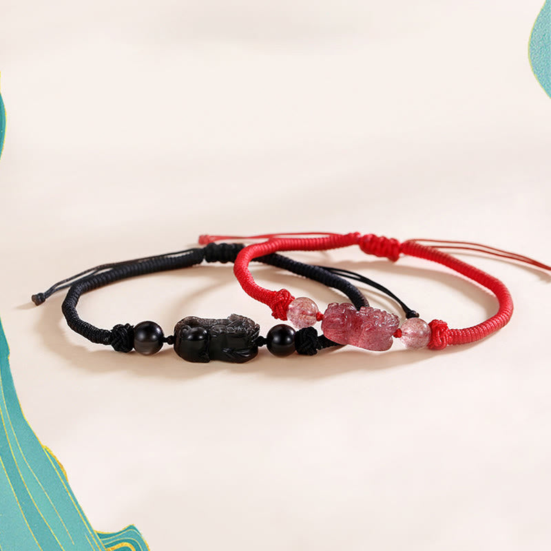 Buddha Stonesハンドメイド天然銀光沢黒曜石ストロベリークォーツ貔貅守護編み込みブレスレット - image 4