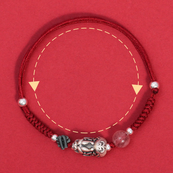 Buddha Stones 999スターリングシルバー PiXiu ストロベリークォーツビーズ 富と幸運の編み込みブレスレット