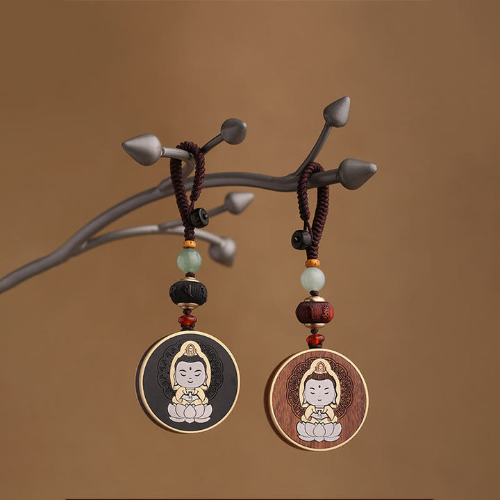 Buddha Stones黒檀木材ローズウッド仏観音菩薩Om Mani Padme Humバランス車のキーチェーン装飾