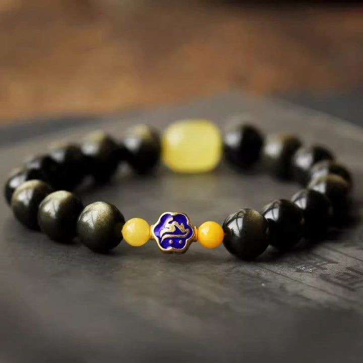 Buddha Stones925 スターリングシルバー十二支誕生仏天然金光沢 黒曜石 琥珀 富の守護ブレスレット