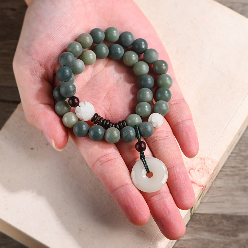 Buddha Stonesシアン菩提樹の種子 蓮の翡翠 平和バックル ウィズダム ダブルラップブレスレット