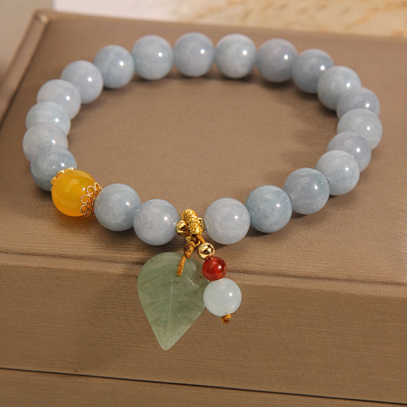 Buddha Stonesアクアマリン 翡翠の葉 ヒーリングチャームブレスレット