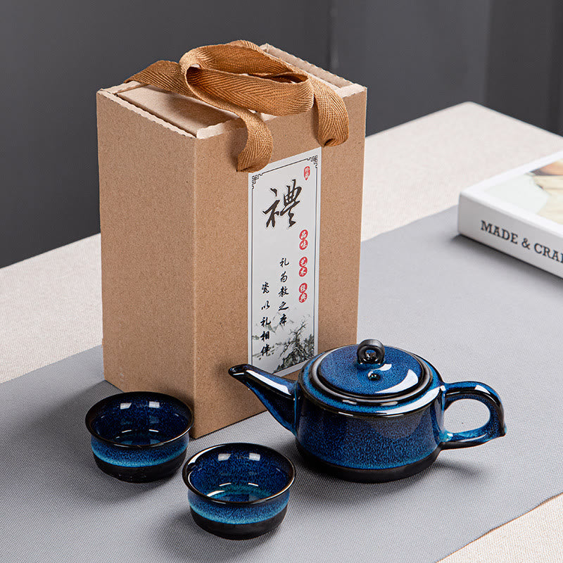 Buddha Stonesブルーグラデーションカラー 中国功夫茶 陶器ティーポット ポータブルギフトバッグボックスセット