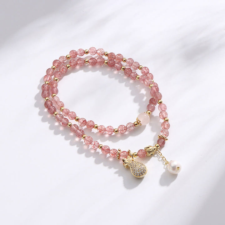Buddha Stonesストロベリークォーツ マネーバッグ ポジティブチャーム ダブルラップブレスレット