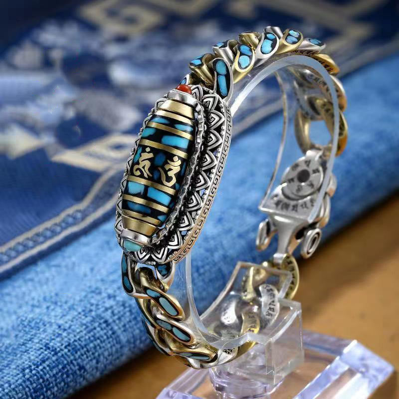 Buddha Stonesチベット九眼天珠オーム・マニ・パドメ・フムターコイズ 守護 回転式ブレスレット - オーム・マニ・パドメ・フム(ラブ♥フォーカス) - 22cmは手首周り20cmに適合します - image 3