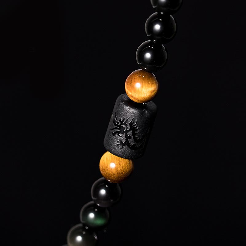 Buddha Stones天然黒曜石 レインボーオブシディアン ひょうたん 祝福ブレスレットMala