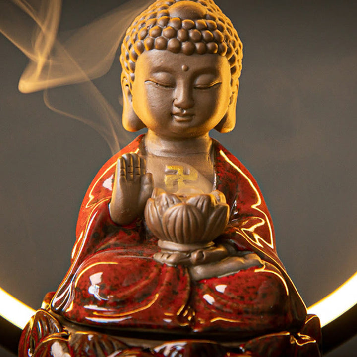 Buddha Stones仏陀 蓮 逆流 煙噴水 陶器 祝福 香炉 ライト装飾付き